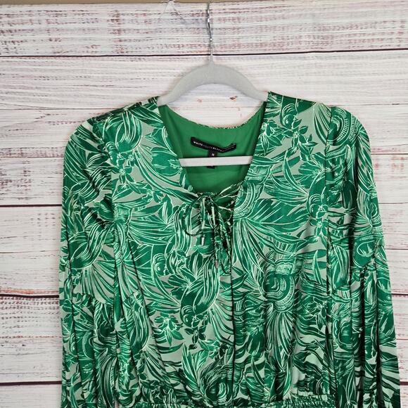 WHBM Silky Dress M Green Forest Fairy Floral Whimsy Pleated Ruched Lace up Neck - Picture 4 of 16